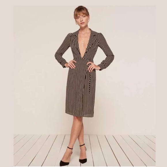 Reformation Salem Striped Crepe Wrap Dress - Picture 3 of 13